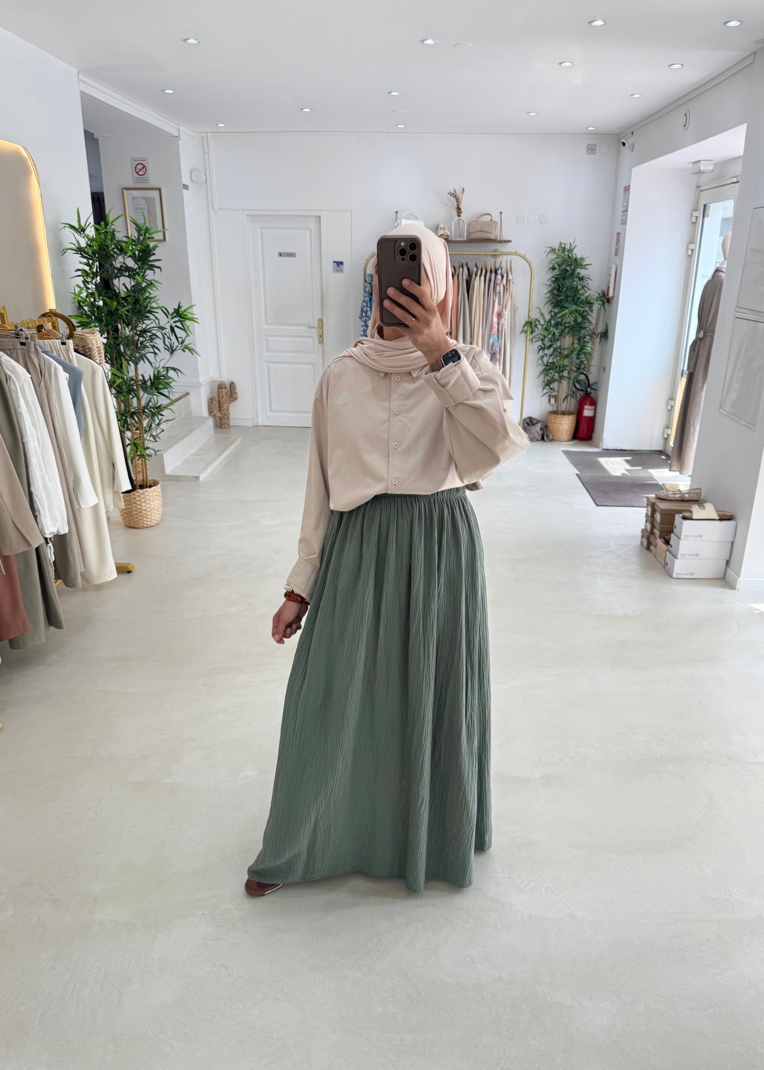 Jupe gaz de coton kaki clair Jupe gaz de coton kaki clair