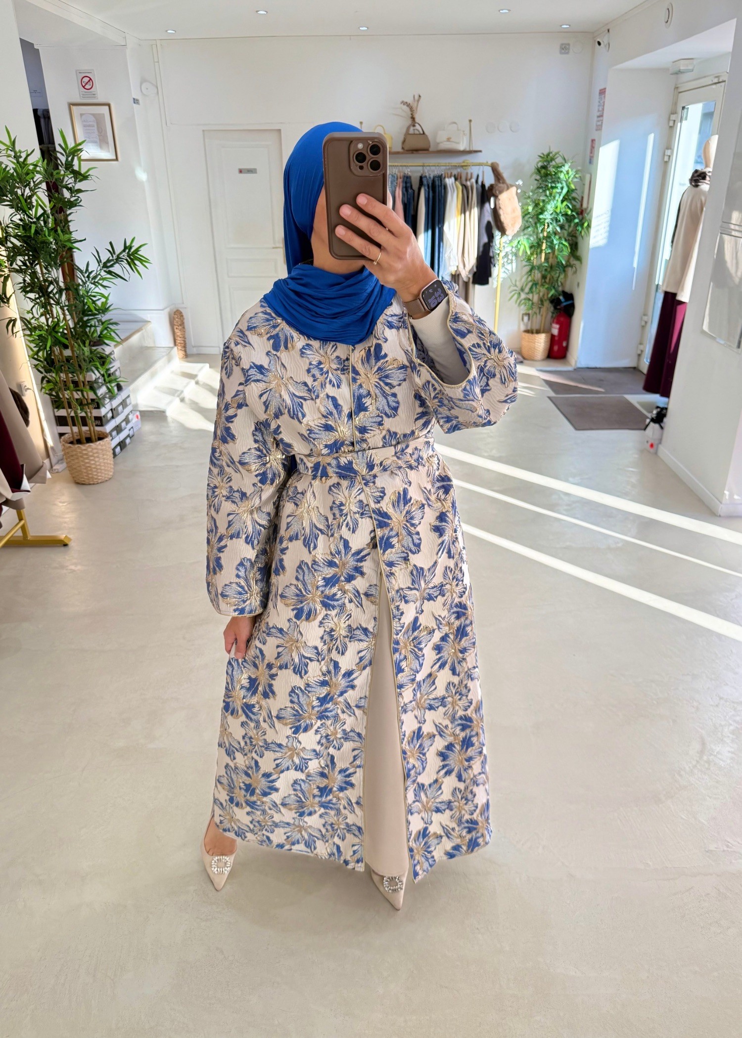 Kimono brocard floral bleu