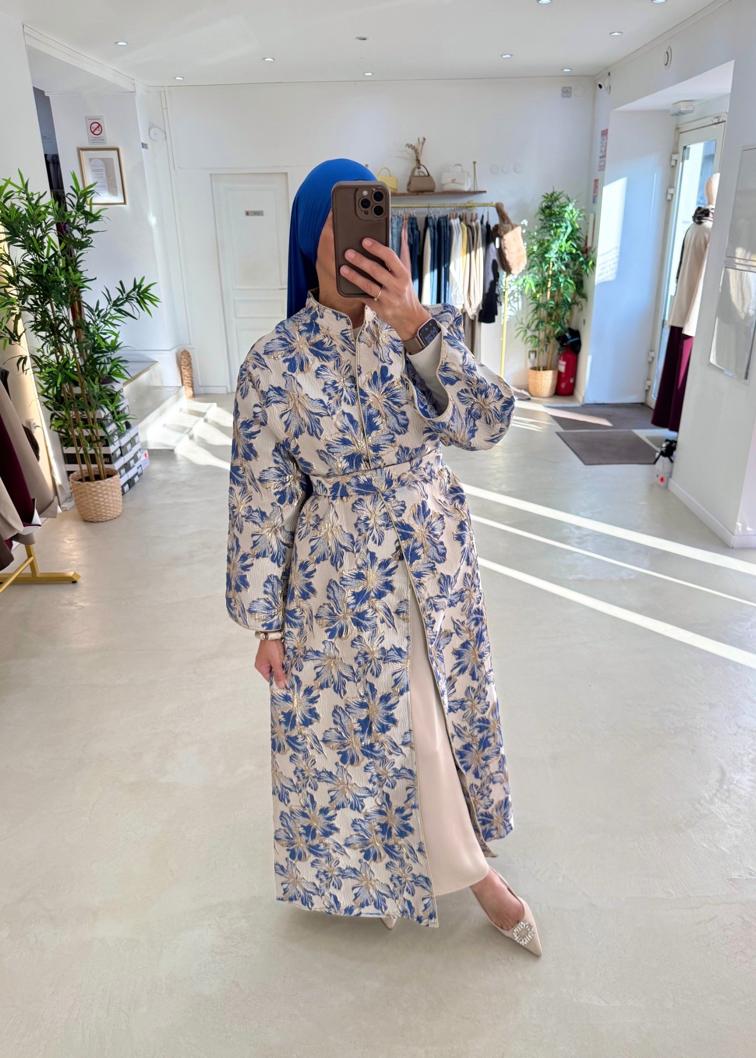 Kimono brocard floral bleu