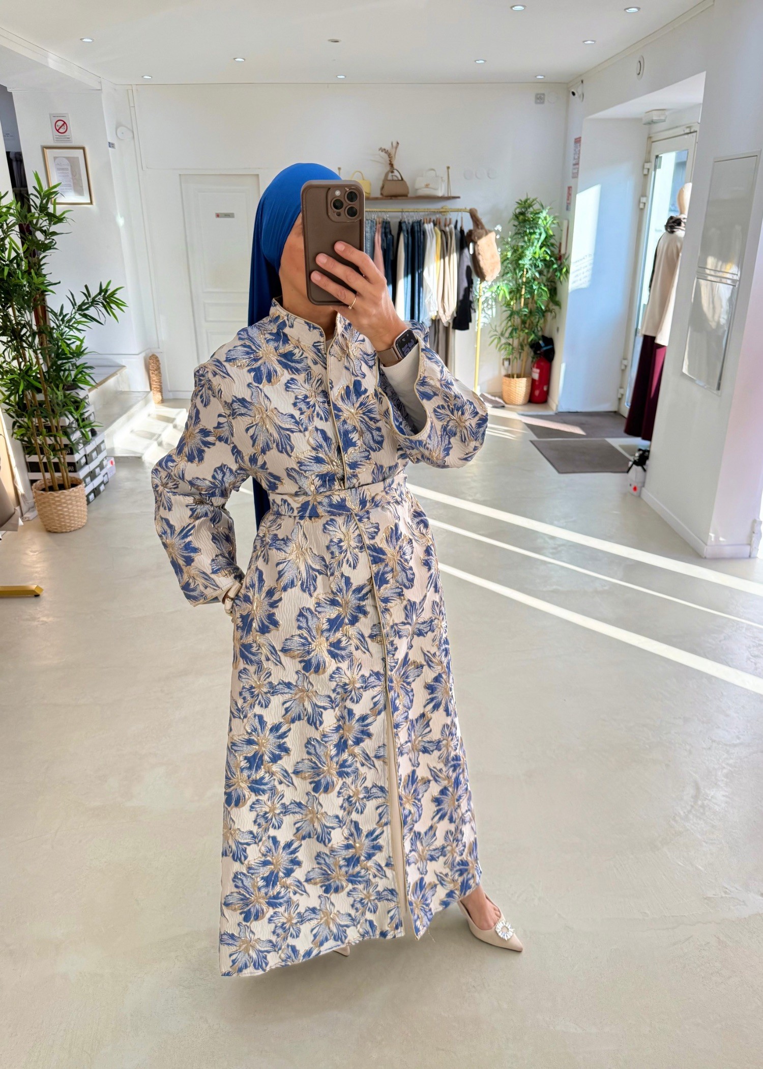 Kimono brocard floral bleu