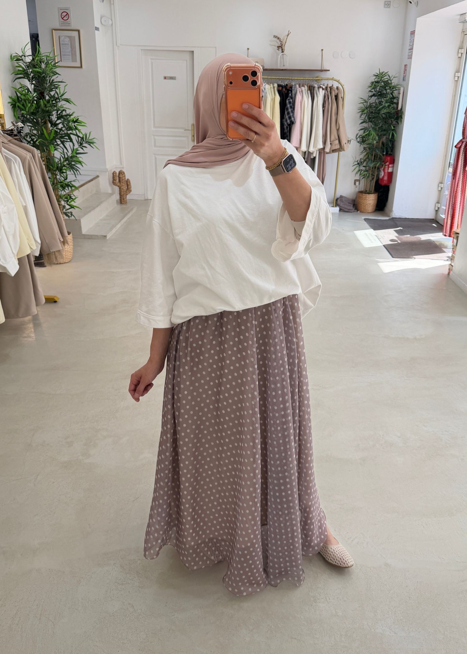 Jupe longue à pois beige/taupe