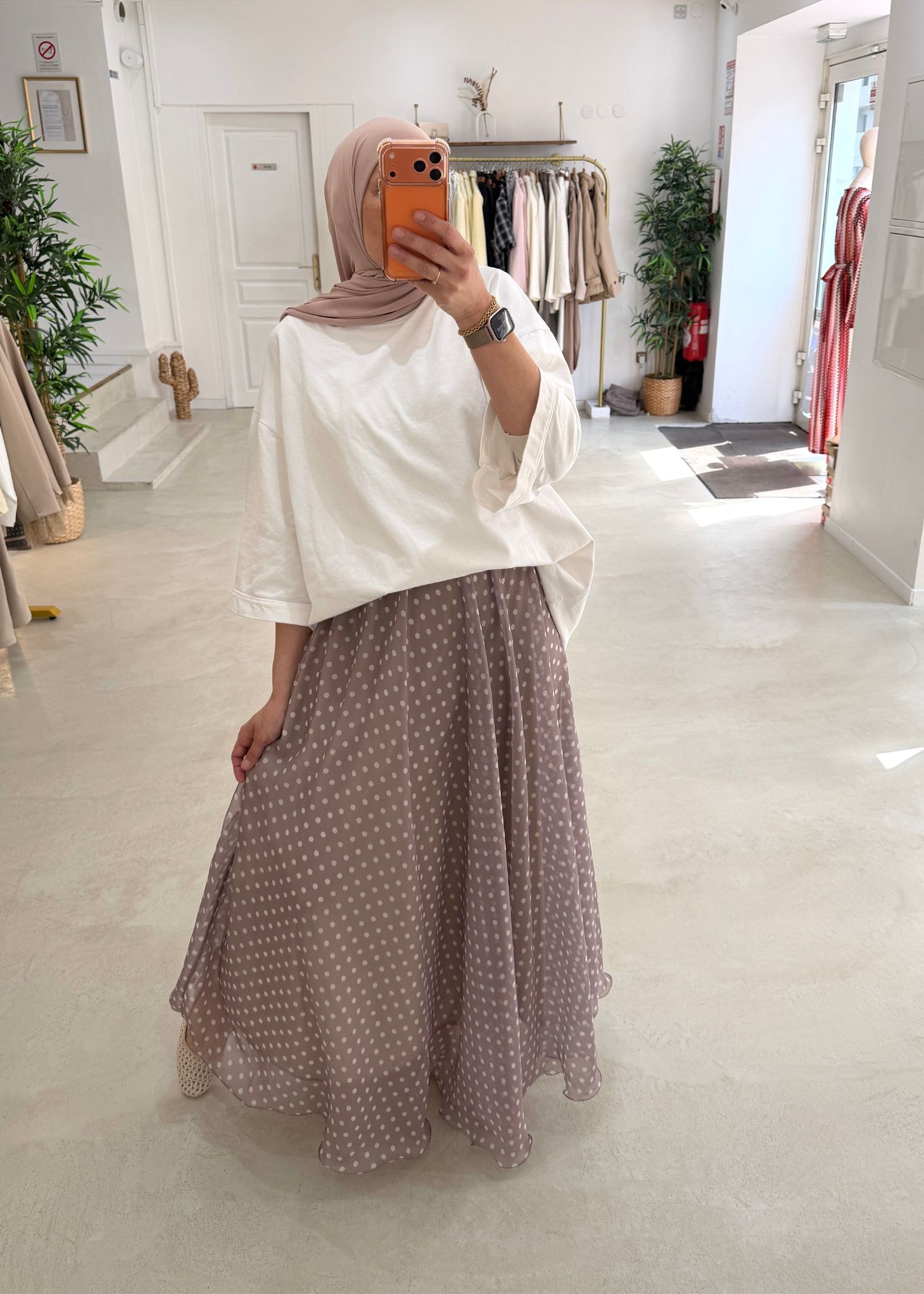 Jupe longue à pois beige/taupe