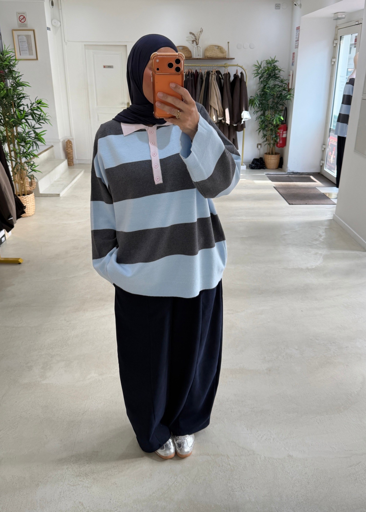 Pull polo rayé gris/bleu