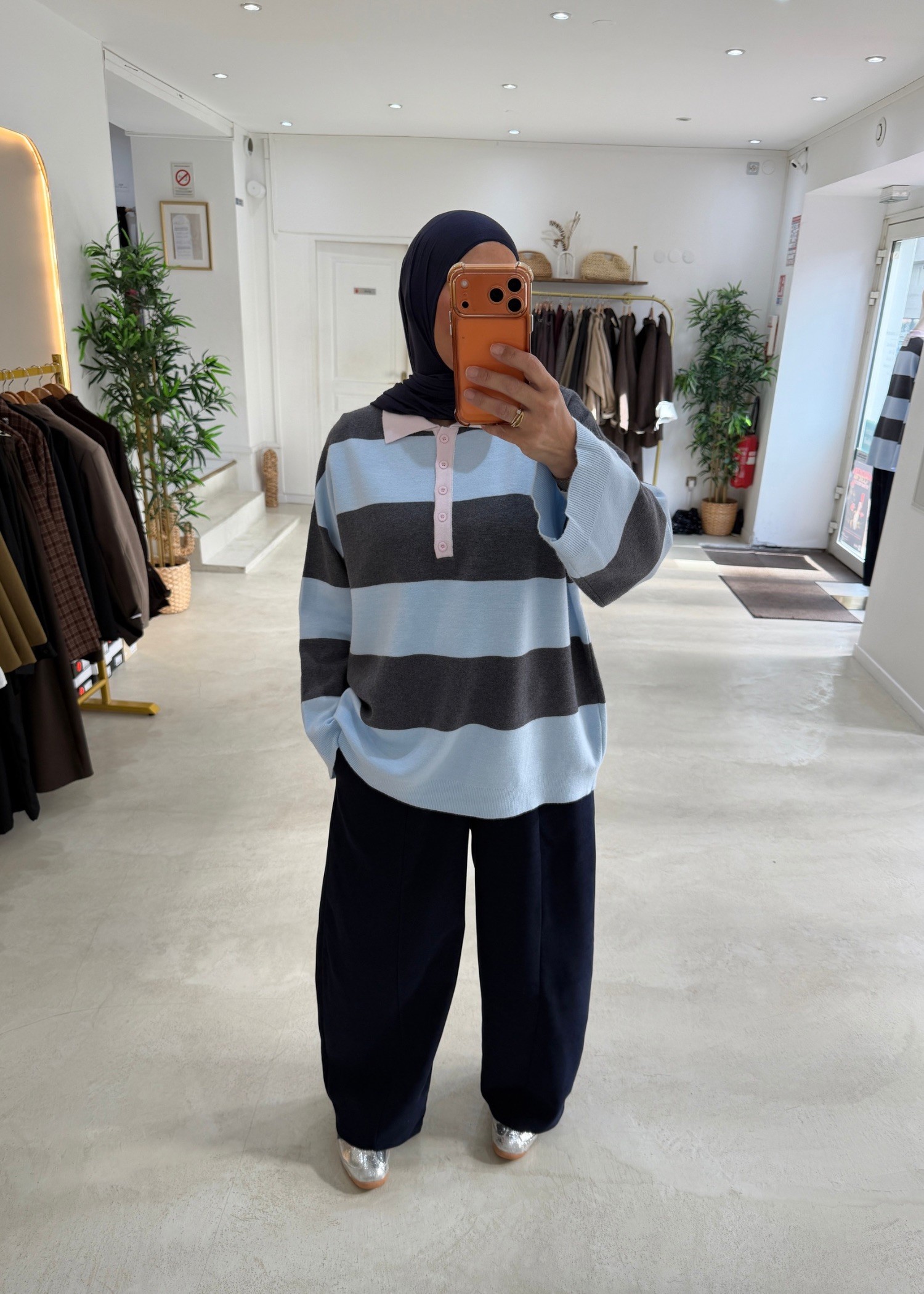 Pull polo rayé gris/bleu