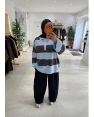 Pull polo rayé gris/bleu