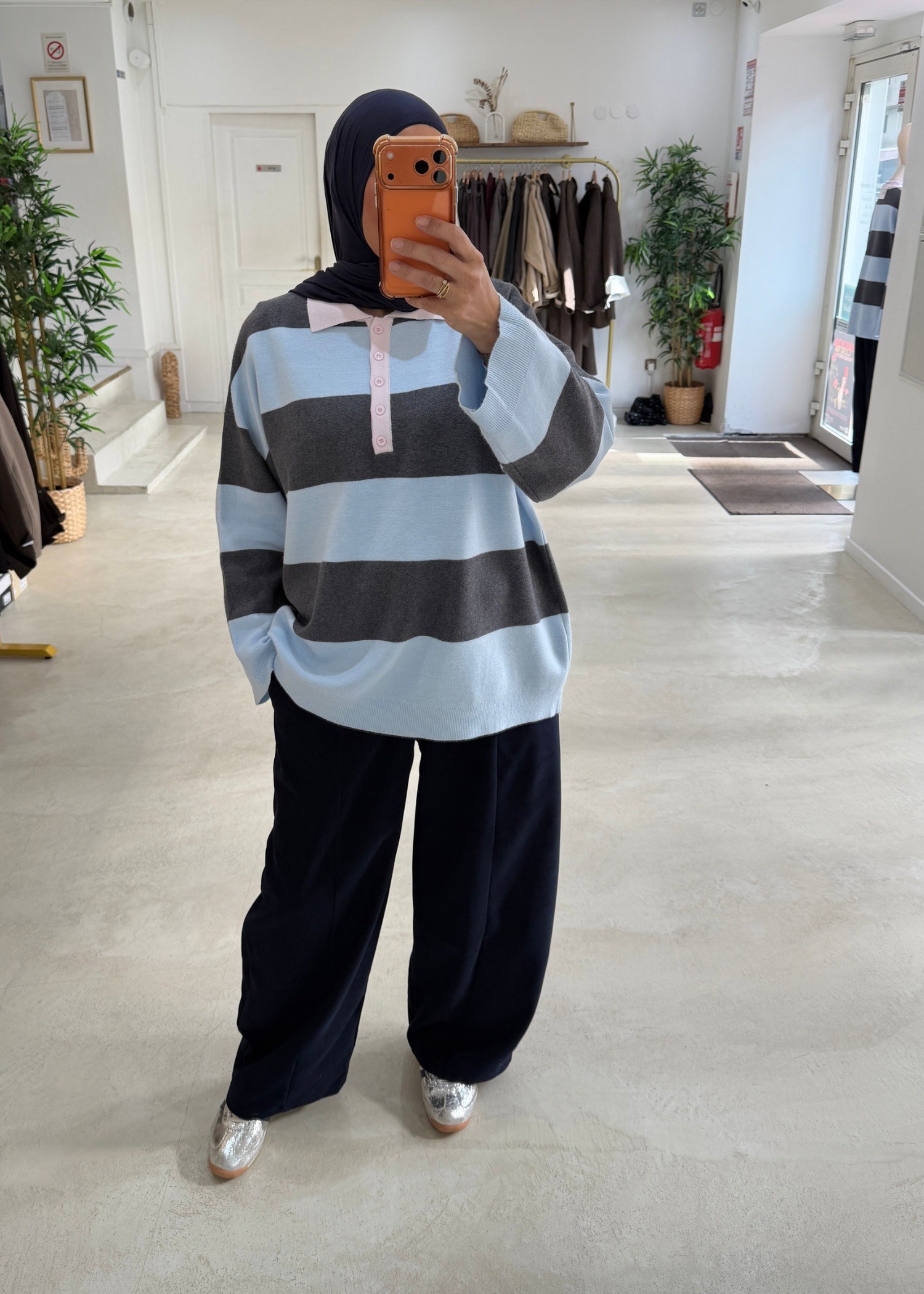 Pull polo rayé gris/bleu
