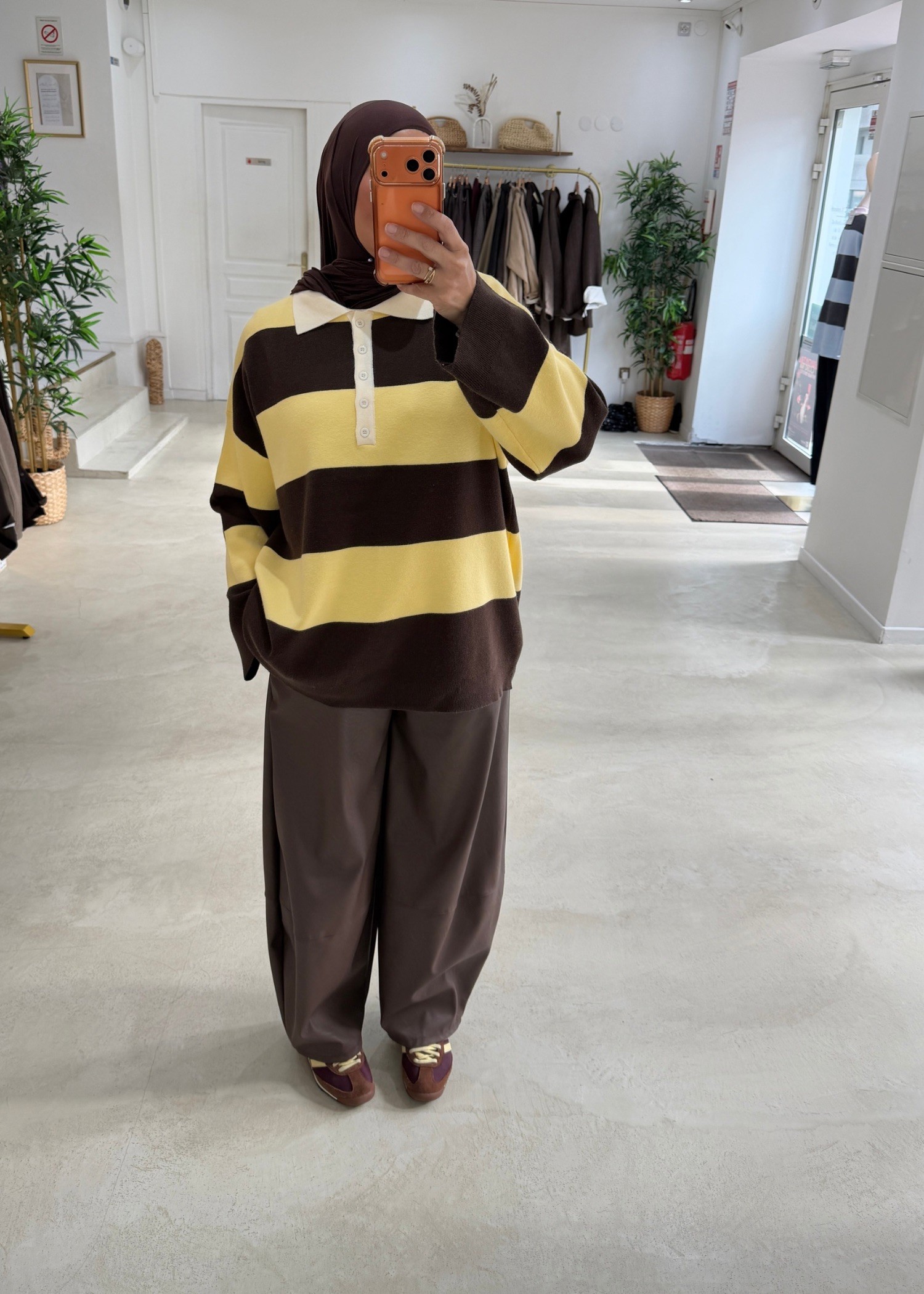 Pull polo rayé choco/jaune
