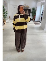Pull polo rayé choco/jaune