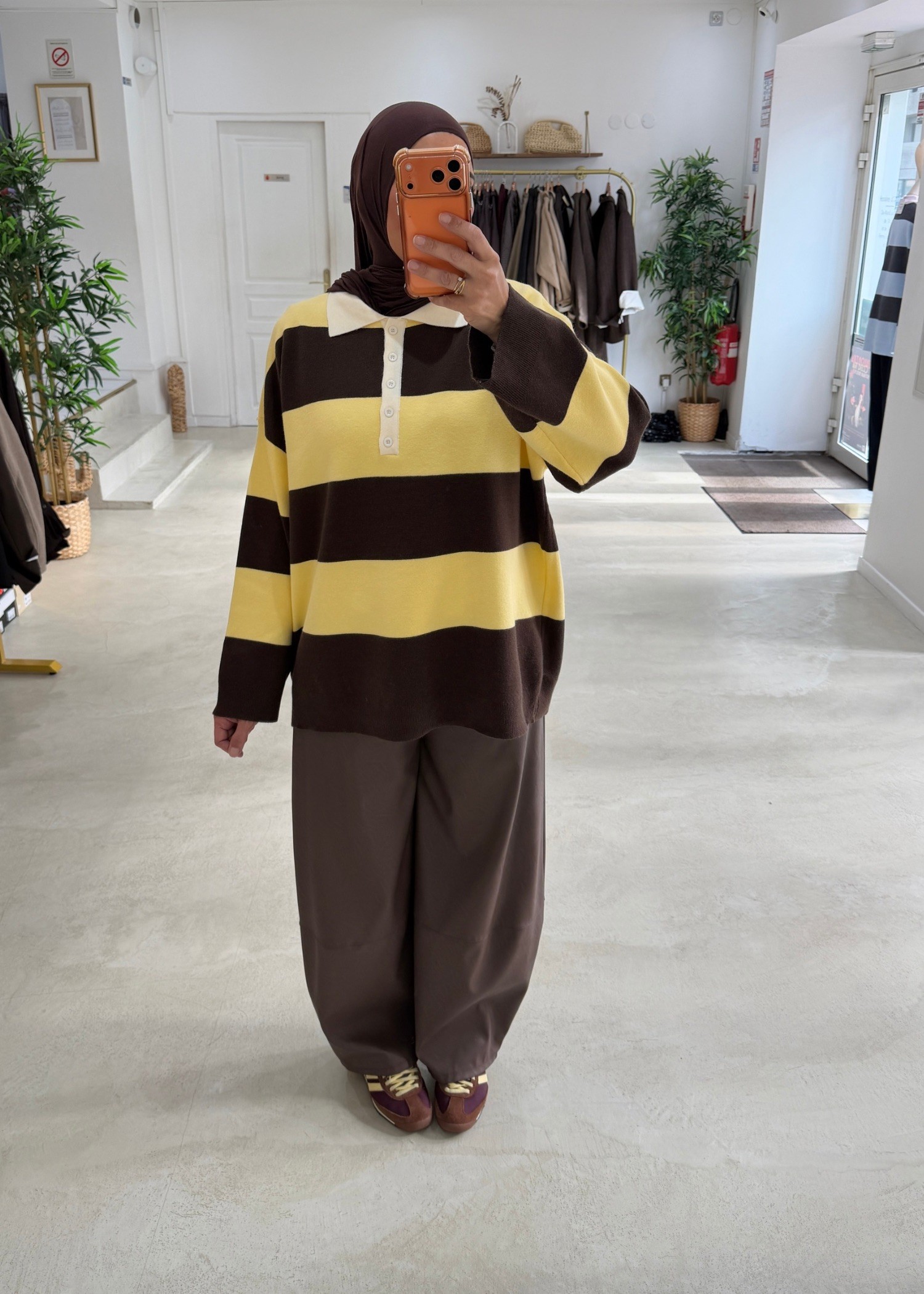 Pull polo rayé choco/jaune