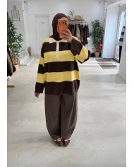 Pull polo rayé choco/jaune