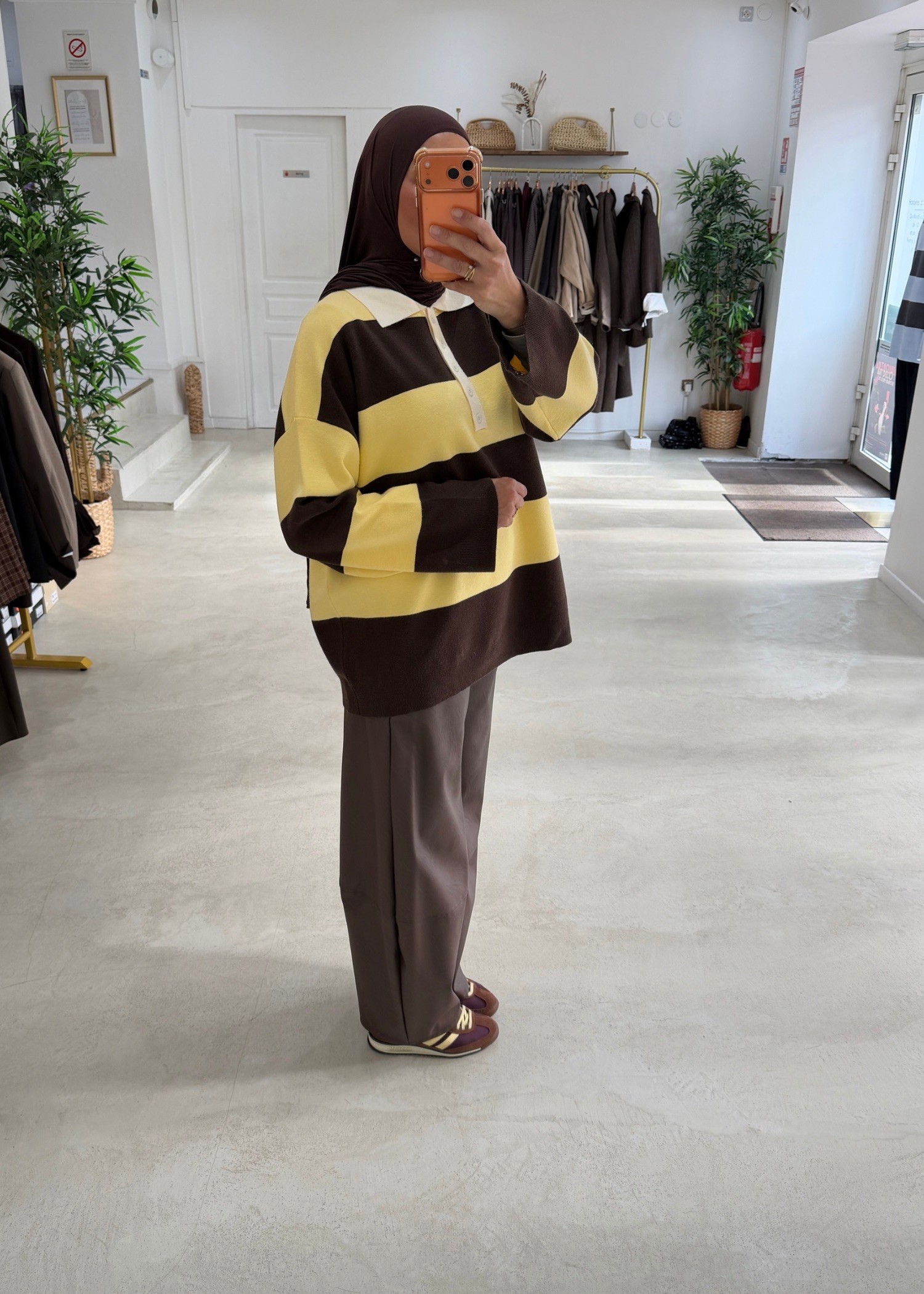 Pull polo rayé choco/jaune
