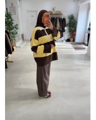 Pull polo rayé choco/jaune