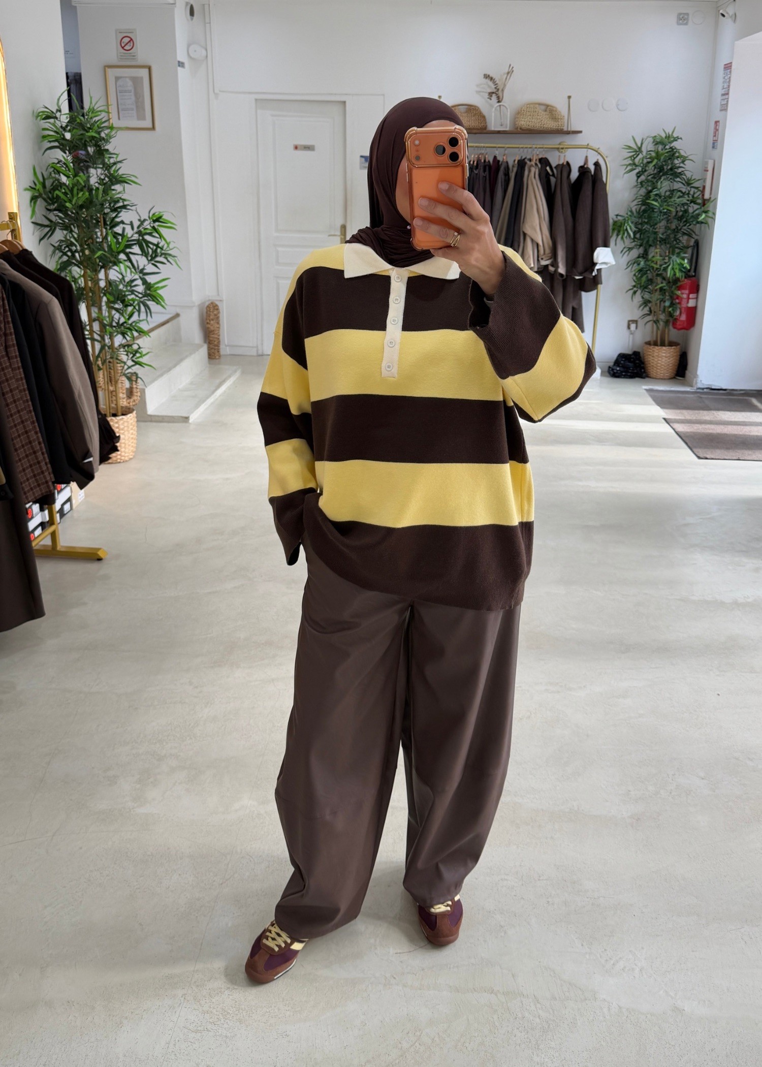 Pull polo rayé choco/jaune