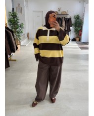 Pull polo rayé choco/jaune